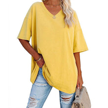 Laden Sie das Bild in den Galerie-Viewer, Damen lockeres halbärmliges T-Shirt mit V-Ausschnitt aus Baumwolle
