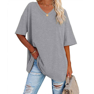 Damen lockeres halbärmliges T-Shirt mit V-Ausschnitt aus Baumwolle