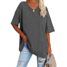 Laden Sie das Bild in den Galerie-Viewer, Damen lockeres halbärmliges T-Shirt mit V-Ausschnitt aus Baumwolle
